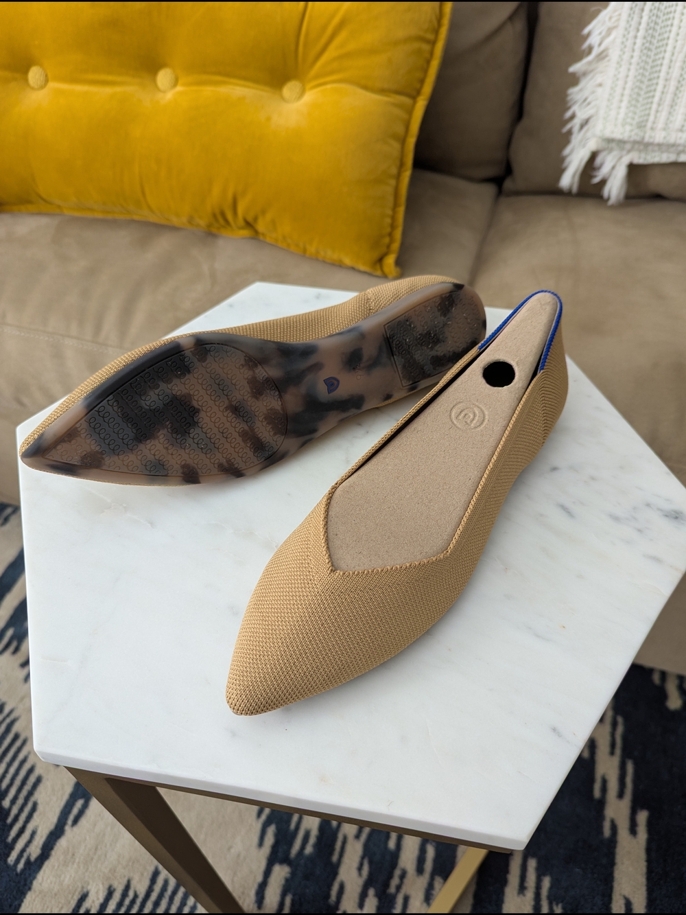 Rothy's Tan Pointed Knit Flats with Blue Trim